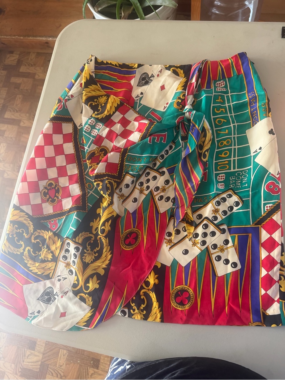 Sunny Leigh Red, Green & Black Casino Print Asymmetrical Mini Skirt vintage
